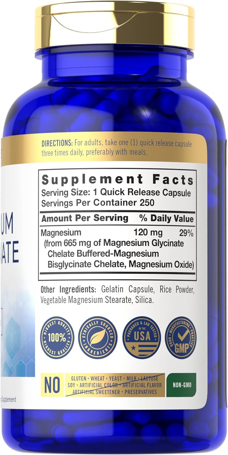 BISGLICINATO DE MAGNESIO 665MG 250 CÁPSULAS | Sueño, Estrés, Ansiedad, Función muscular y nerviosa.