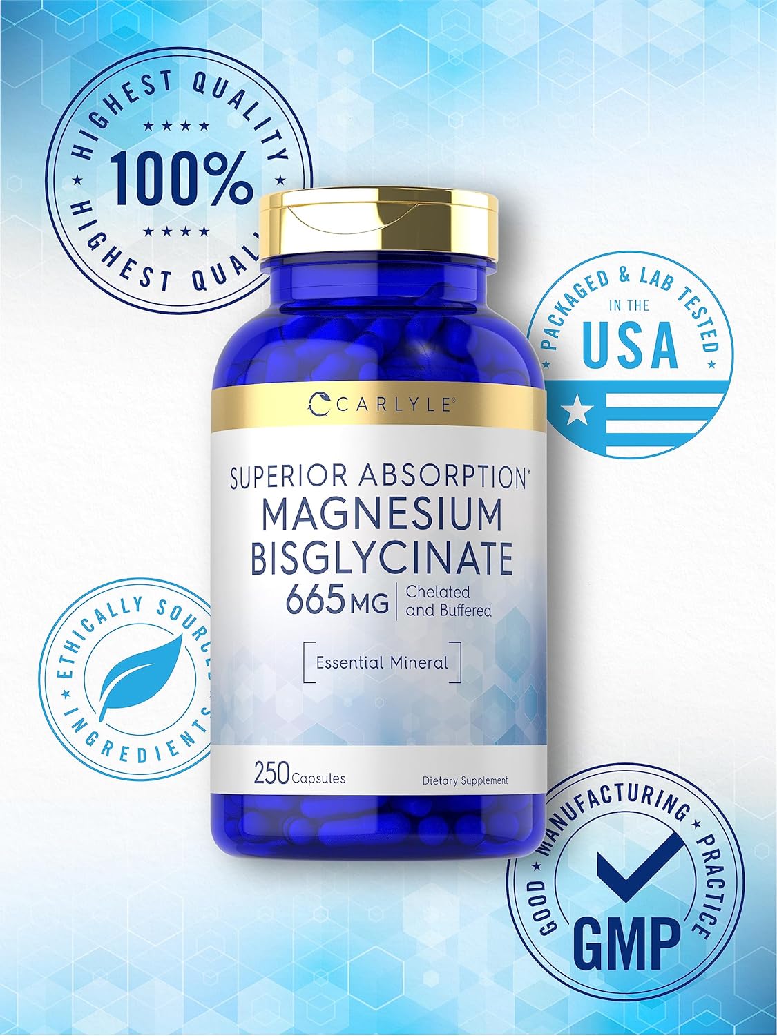 BISGLICINATO DE MAGNESIO 665MG 250 CÁPSULAS | Sueño, Estrés, Ansiedad, Función muscular y nerviosa.