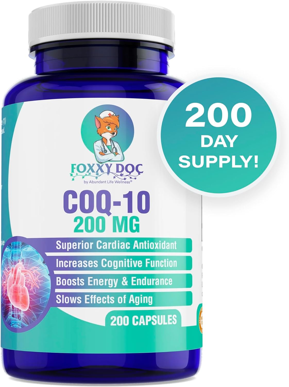 COQ-10 200MG. 200 CÁPSULAS | Presión arterial alta , Rendimiento físico, Antioxidante.