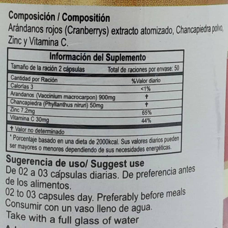 Cranberry 500mg 100 cápsulas - Infecciones Urinarias - Vejiga - Salud Vida Peru