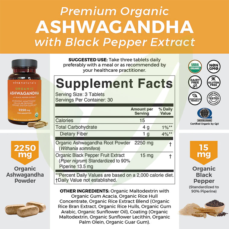 Ashwagandha orgánica con extracto de pimienta negra orgánica 2250 mg p/s | 90 tabletas | Expira 06/24
