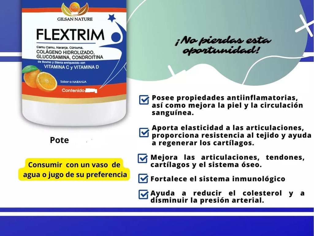 FLEXTRIM 330grs. COLÁGENO HIDROLIZADO, GLUCOSAMINA, CONDROITINA