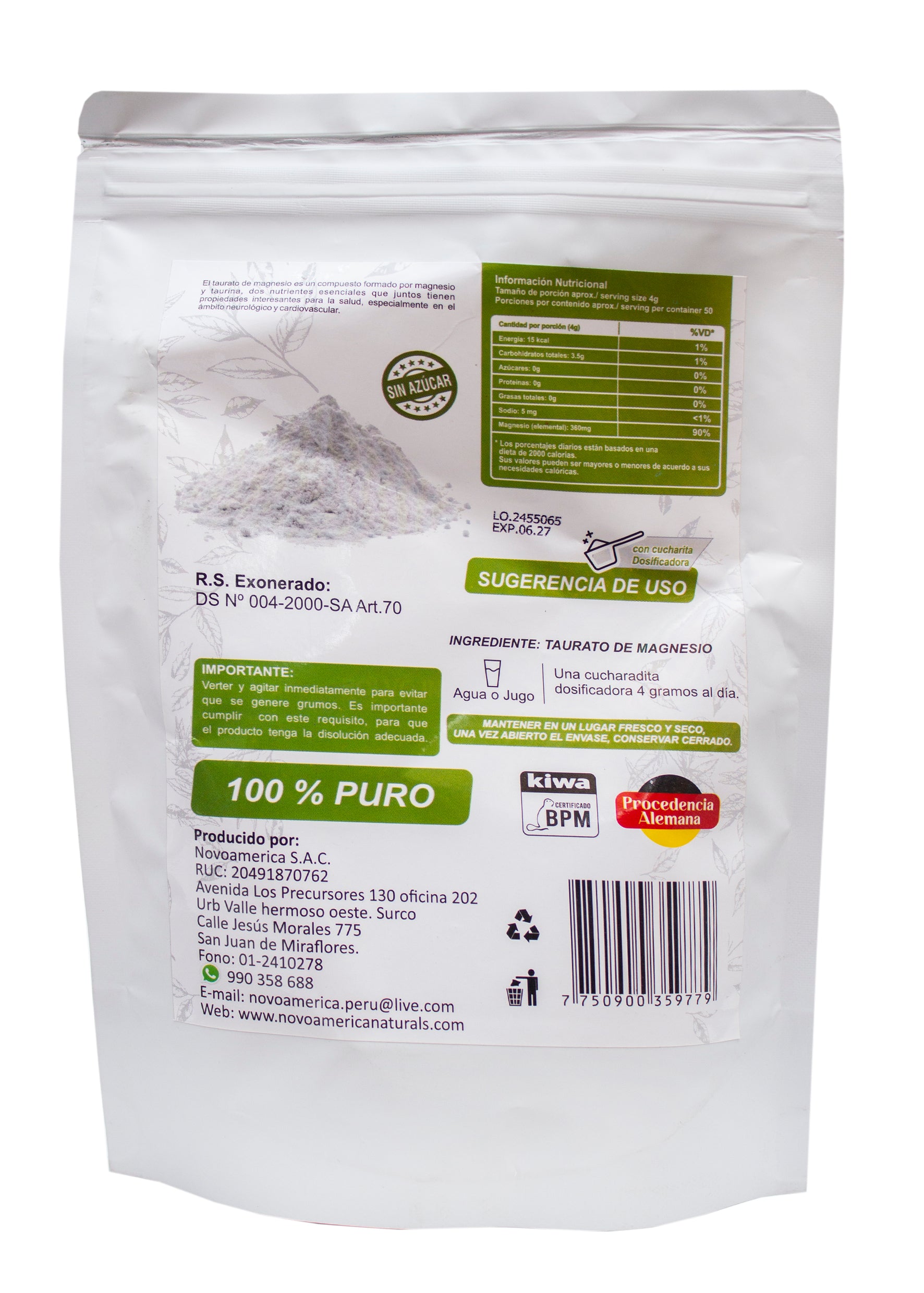 Taurato de Magnesio 200 g. - Estrés . Presión arterial alta - Corazón