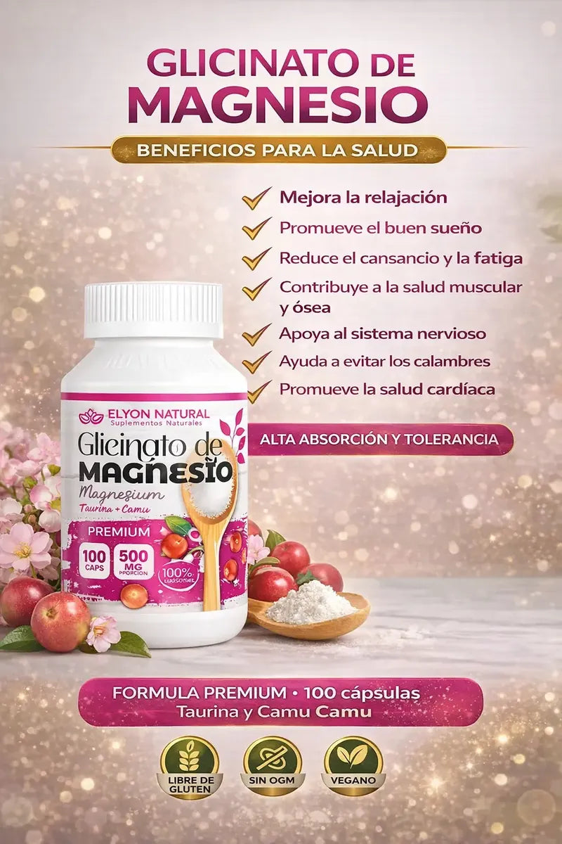 Glicinato de Magnesio + Camu Camu – Alta Absorción, Relajación y Energía Natural (100 cápsulas