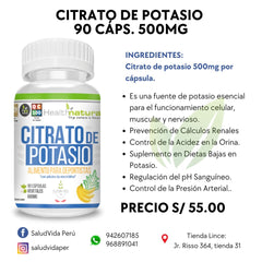 CITRATO DE POTASIO 60 CÁPSULAS 1000MG | Hidratación, Presión arterial, Calambres, Cálculos renales. - Salud Vida Peru