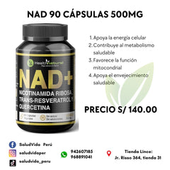 NAD+ (Nicotinamida Ribosa, Trans-Resveratrol y Quercetina), 90 Cáps. Vegetales de 500 mg