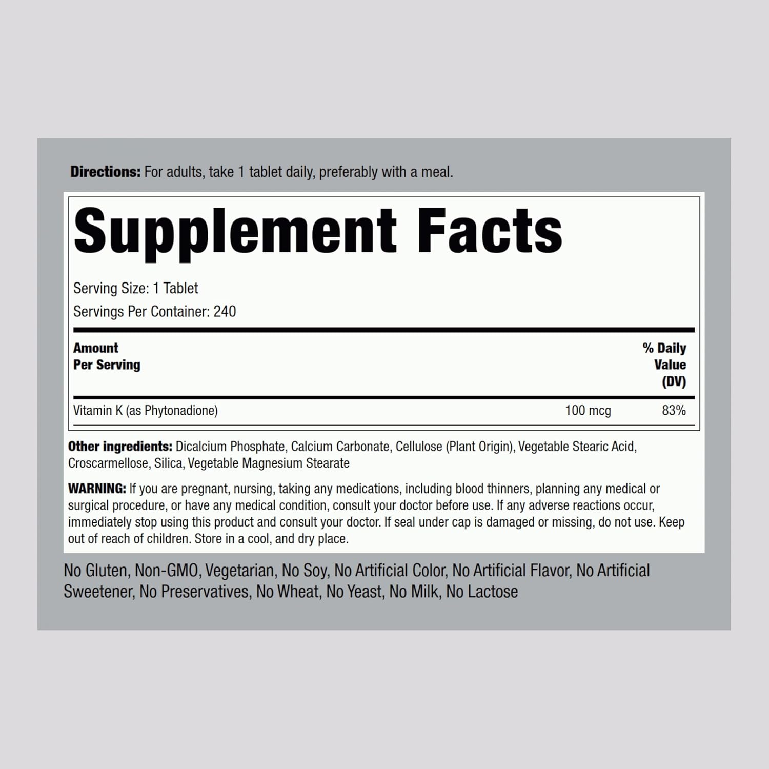 Vitamin K | 100 mcg | 240 Tabletas|  Non-GMO, Libre de gluten