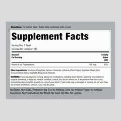 Vitamin K | 100 mcg | 240 Tabletas|  Non-GMO, Libre de gluten