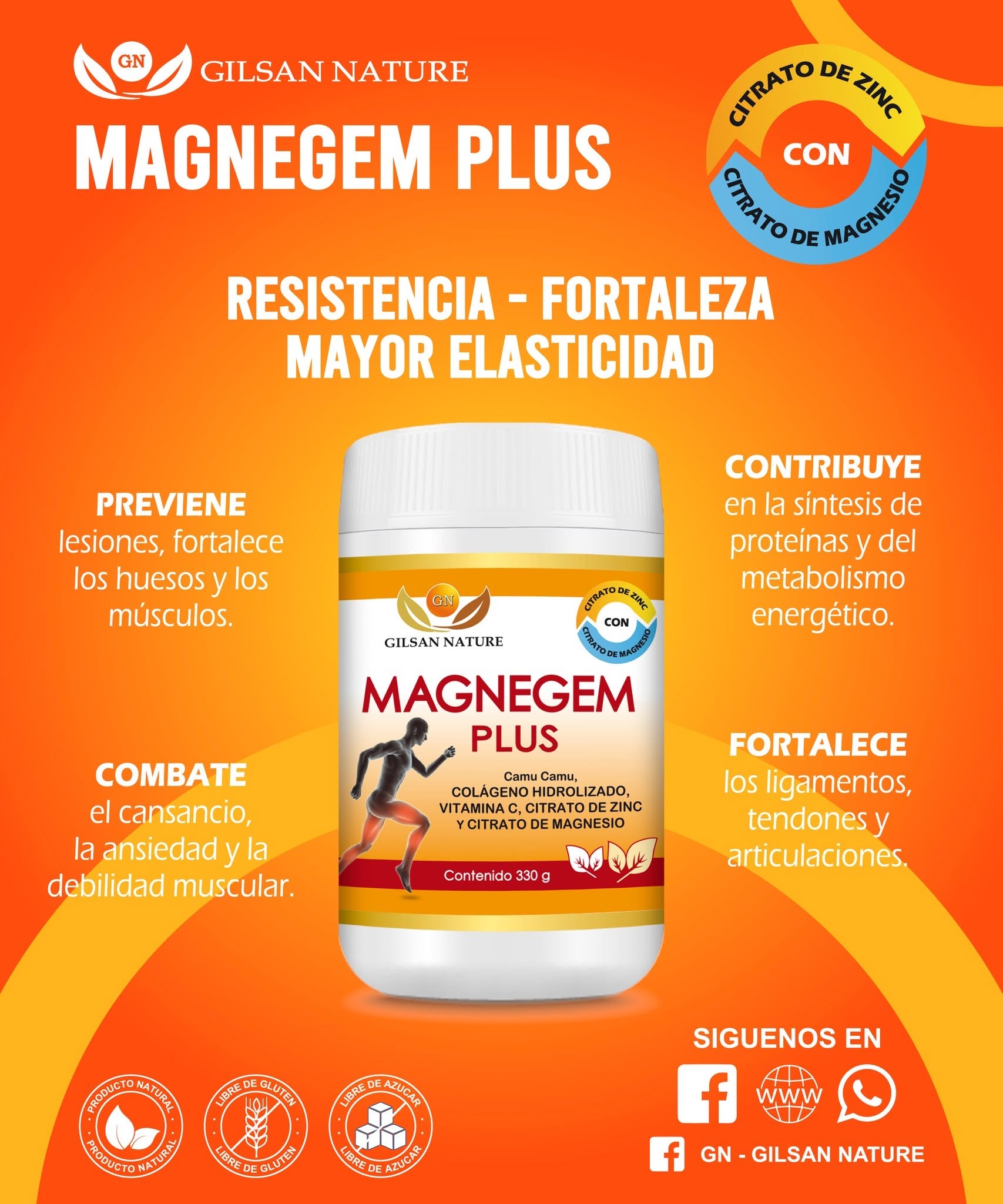 Colágeno Magnegem Plus 330g.+Citrato de Magensio y Citrato de Zinc