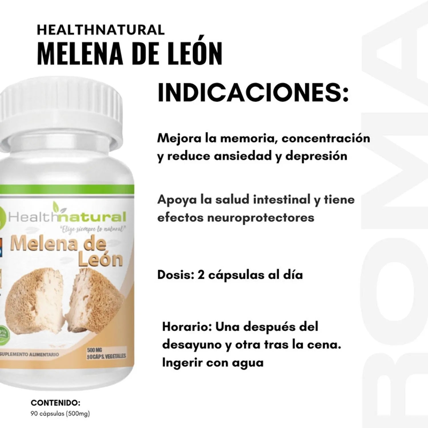 MELENA DE LEÓN 90 CÁPSULAS 500MG  | Estado de ánimo, Estimulación neurológica, Estómago, Antioxidante.