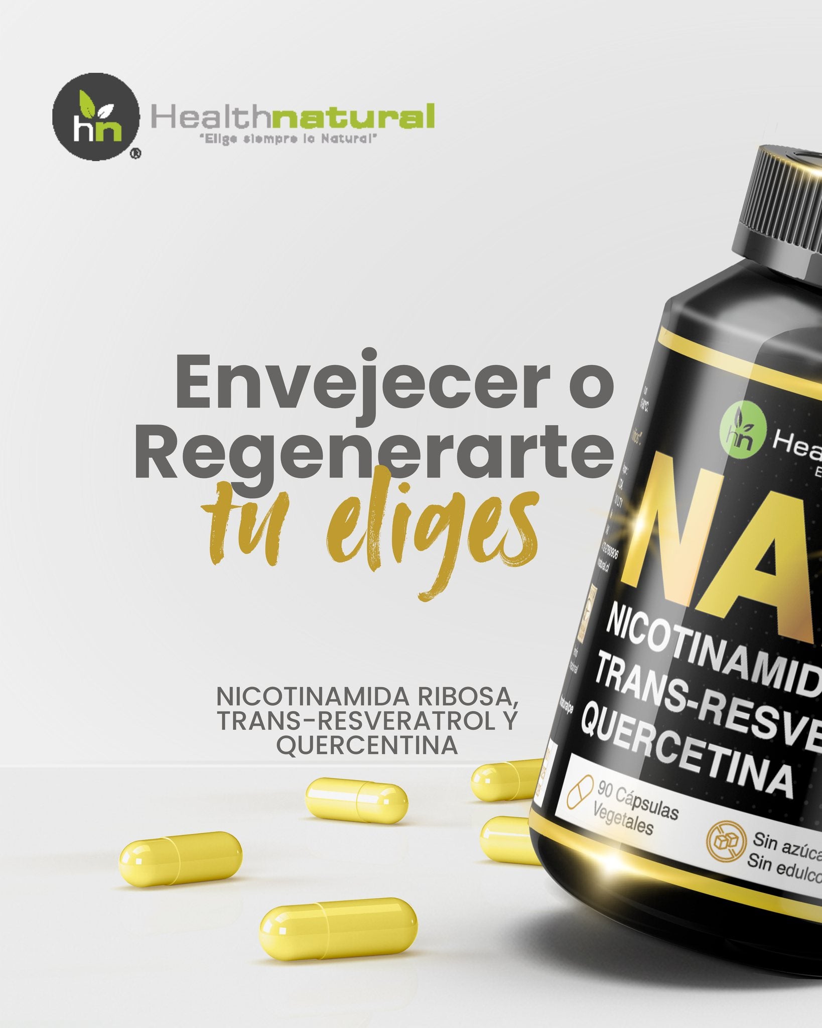 NAD+ (Nicotinamida Ribosa, Trans-Resveratrol y Quercetina), 90 Cáps. Vegetales de 500 mg