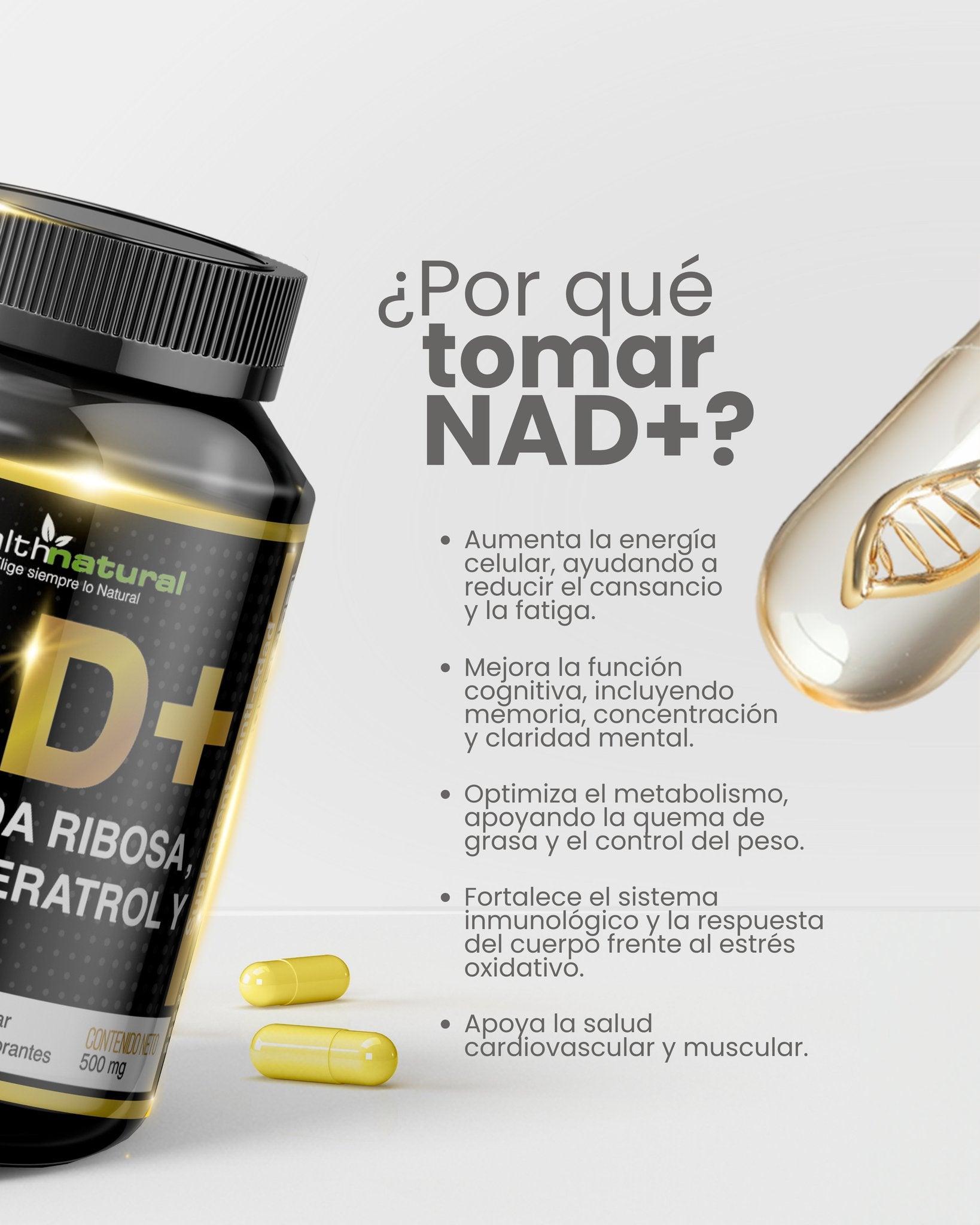NAD+ (Nicotinamida Ribosa, Trans-Resveratrol y Quercetina), 90 Cáps. Vegetales de 500 mg