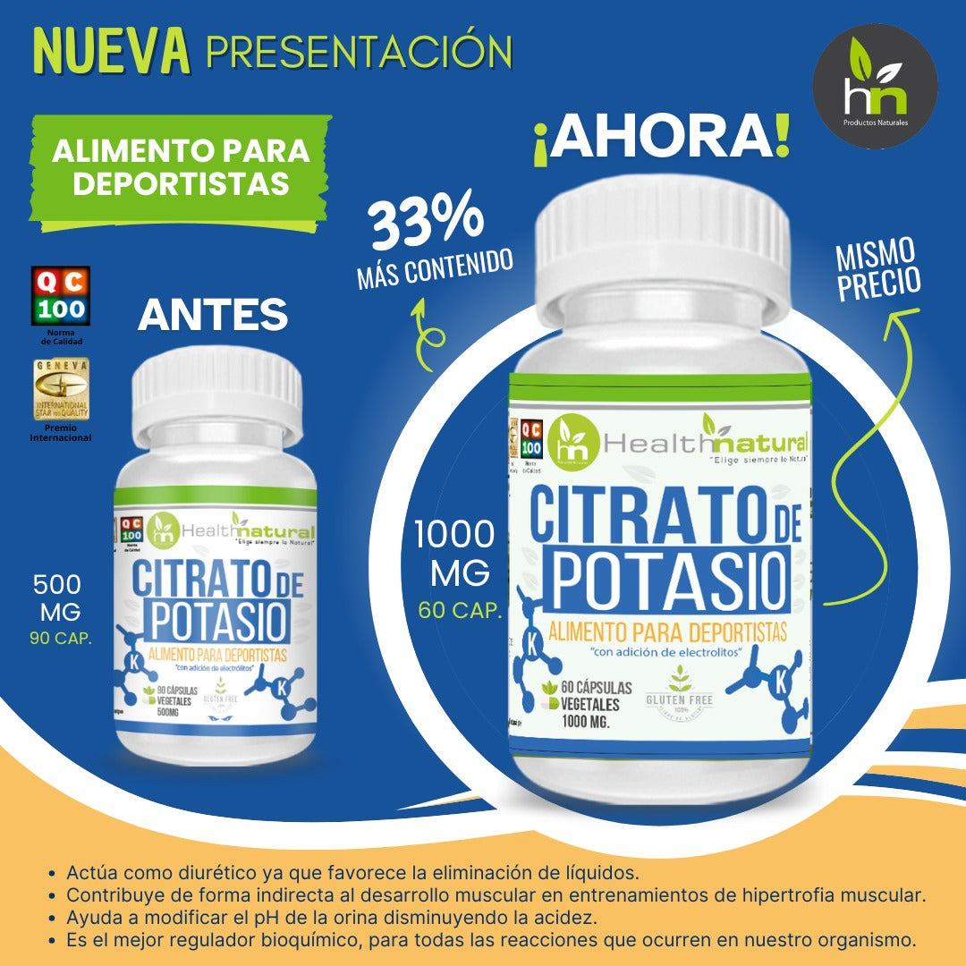 CITRATO DE POTASIO 60 CÁPSULAS 1000MG | Hidratación, Presión arterial, Calambres, Cálculos renales.