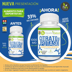 CITRATO DE POTASIO 60 CÁPSULAS 1000MG | Hidratación, Presión arterial, Calambres, Cálculos renales.