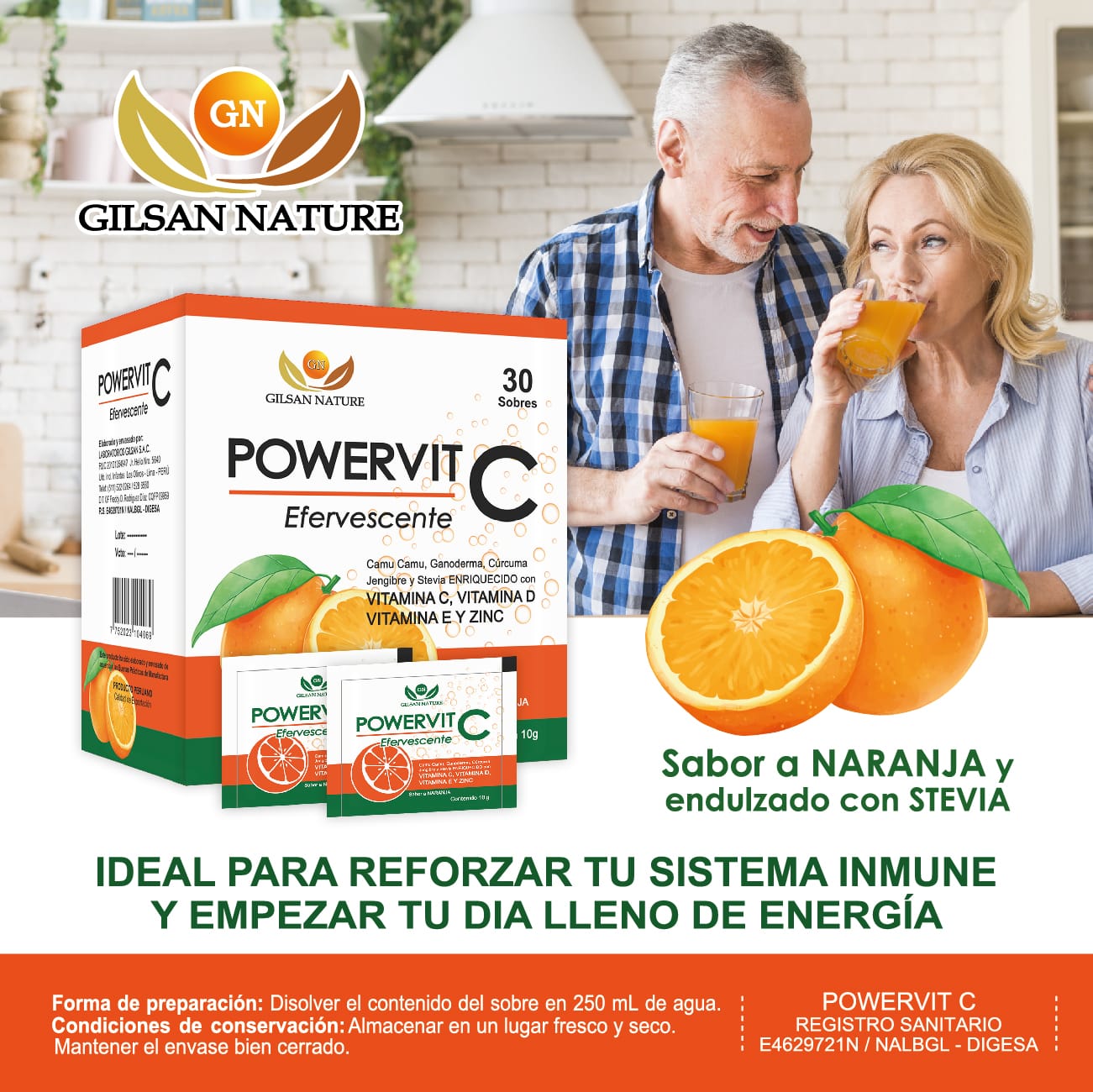 Vitamina C POWERVIT C (Efervescente) + cúrcuma y jengibre - Sistema óseo, Articular y Muscular