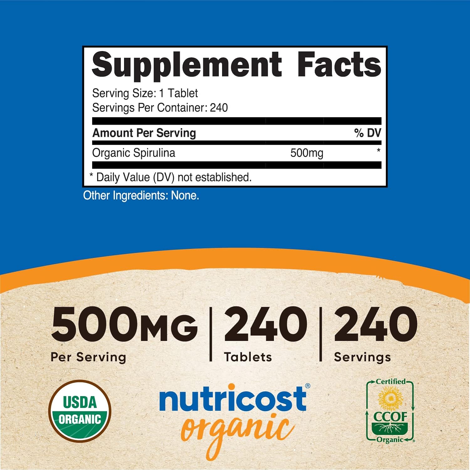 Spirulina orgánica 500 mg. 240 tabletas