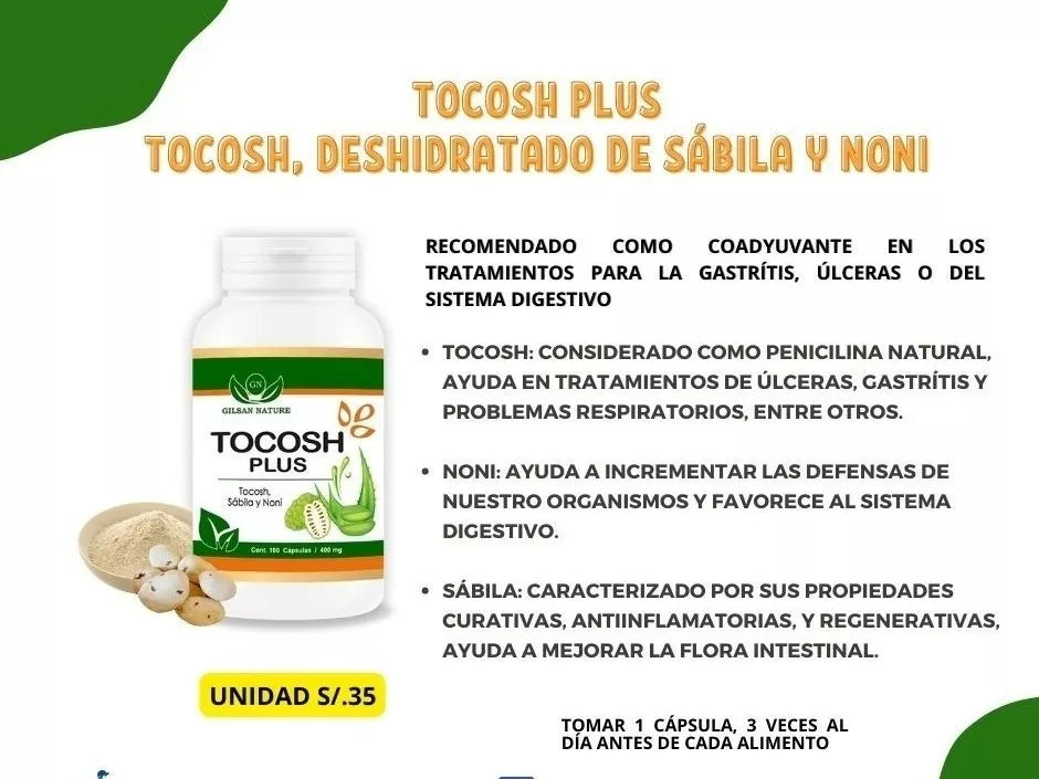 Tocosh plus (tocosh, sábila y noni) 400mg..  120 cápsulas - Gastritis . Ùlceras