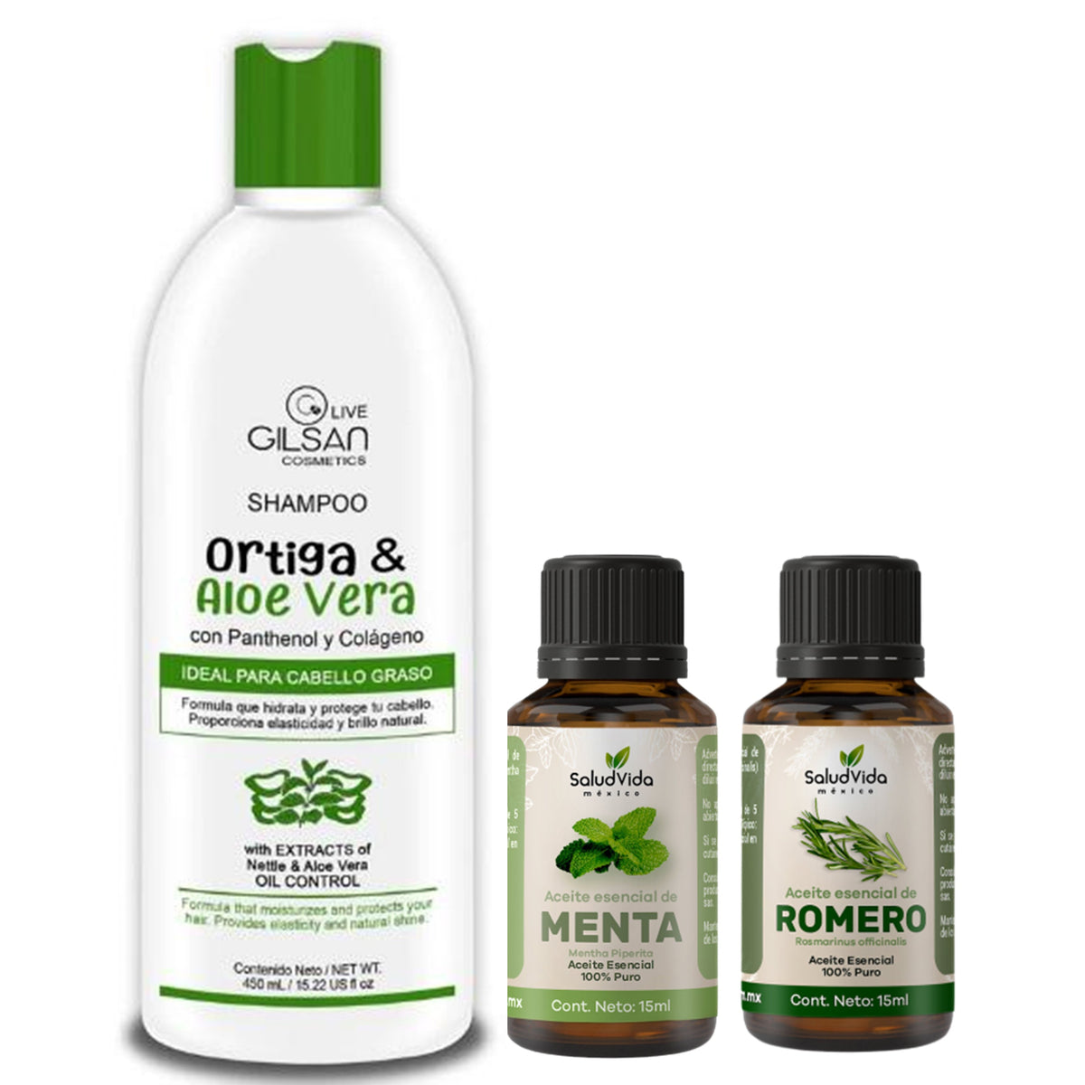 Pack Shampoo Shampoo Ortiga & Aloe vera 450ml + Aceite esencial de menta 15ml + Aceite esencial de Romero 15ml
