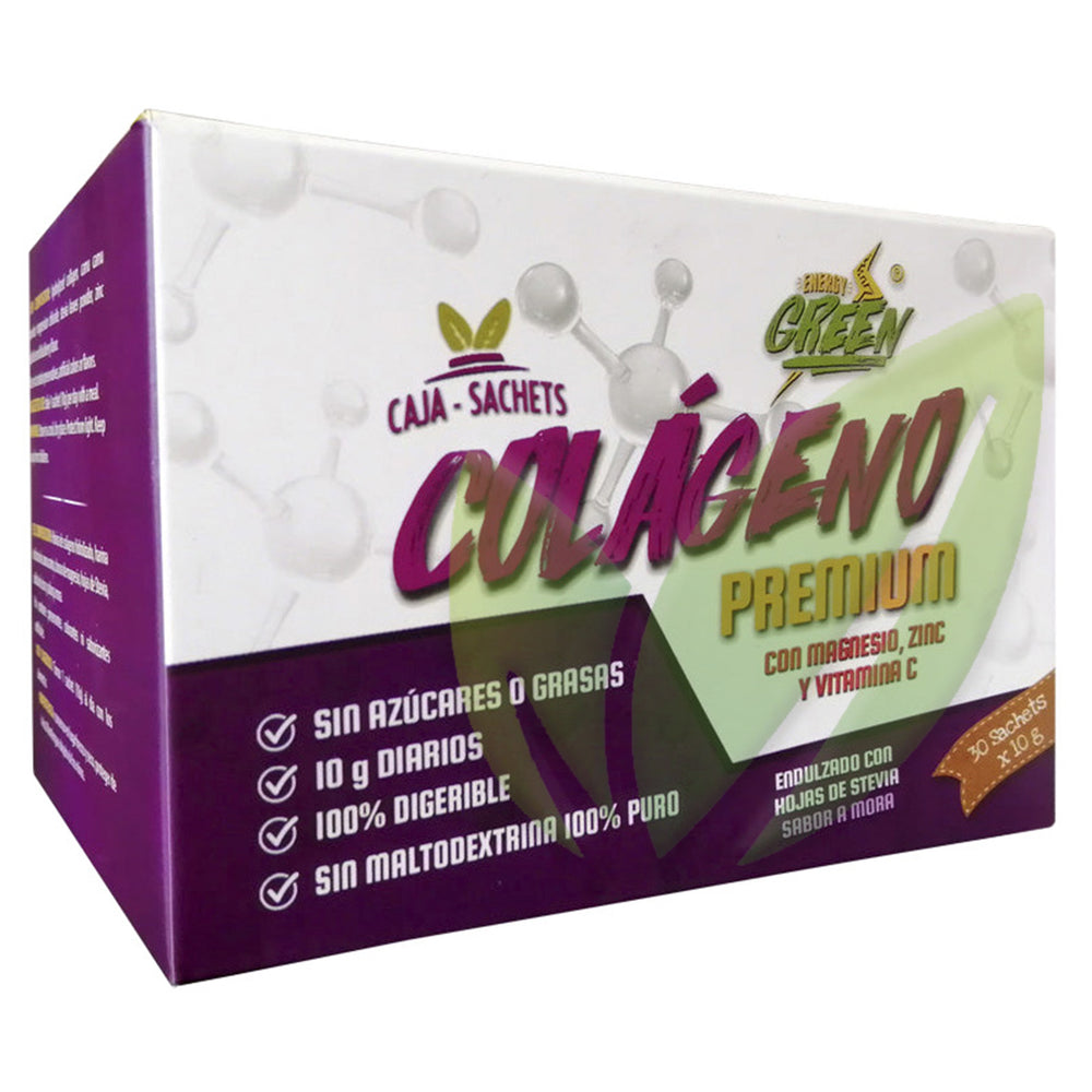 Colágeno hidrolizado premium + magnesio, zinc y vitamina C, endulzado con stevia y sabor a mora | Caja 30 sachets