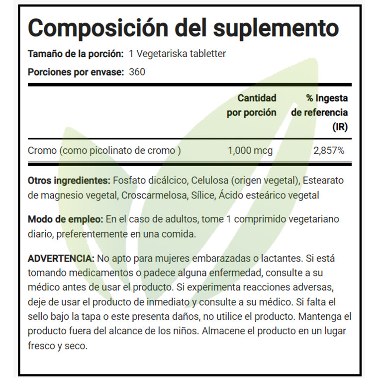 Picolinato de cromo 1000 mcg | 360 tabletas veg.