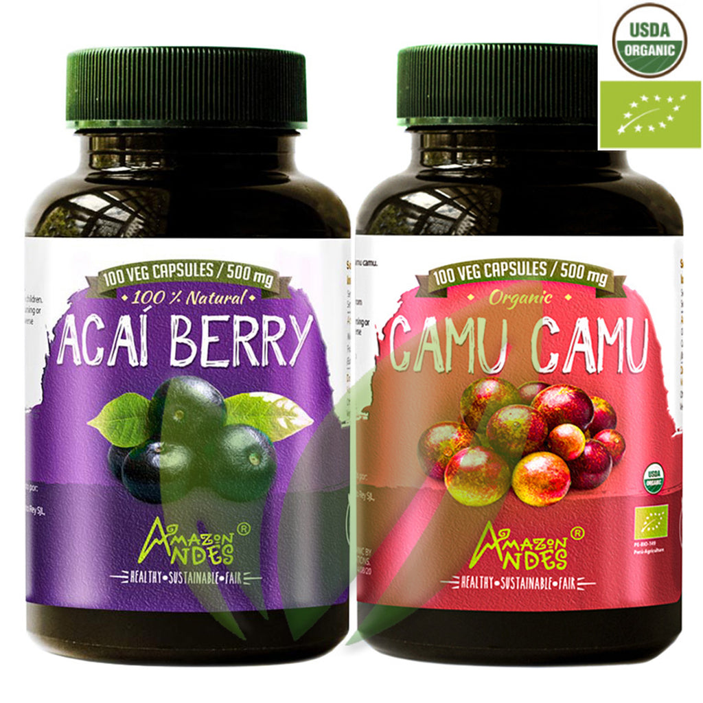 Pack Antioxidante: Acaí (500 mg x 100 caps) + Camu camu Orgánico (500 mg x 100 caps)