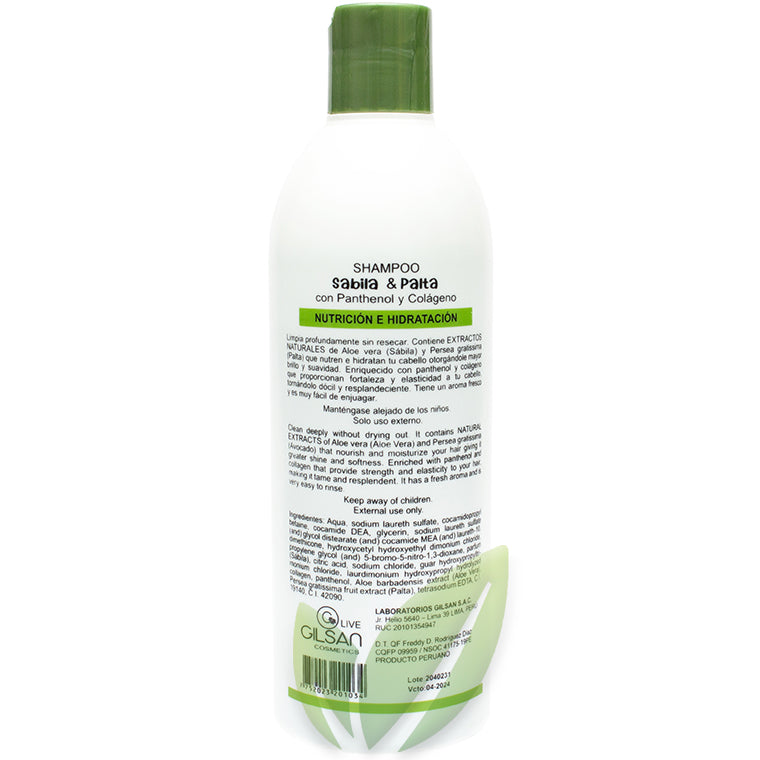 Shampoo sábila y palta con panthenol y colágeno (cabello seco) | 450 ml