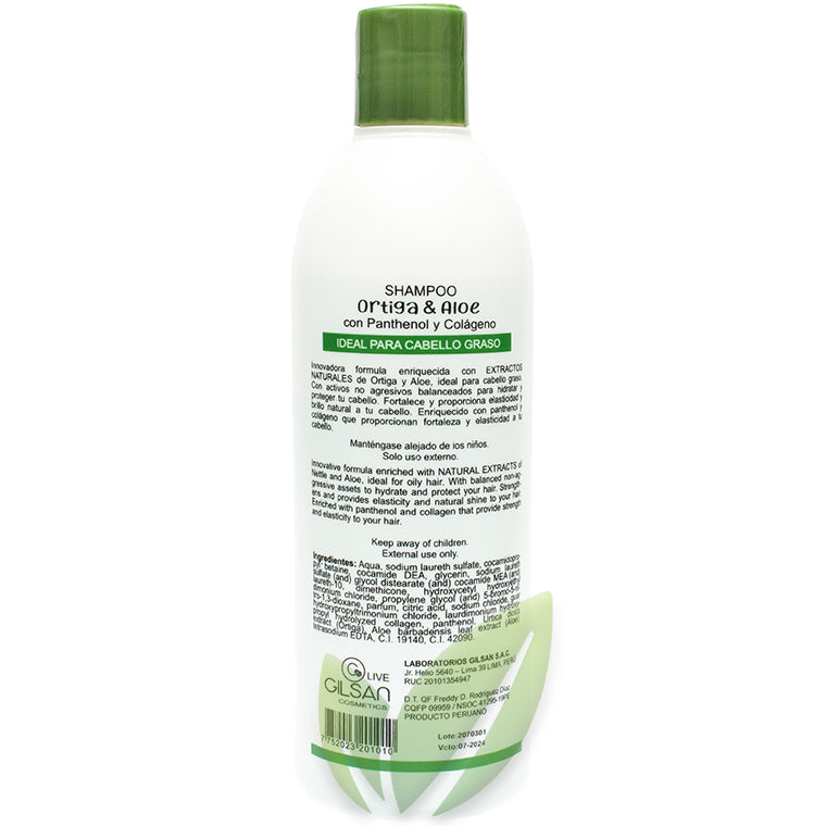 Shampoo ortiga y aloe con panthenol y colágeno (caída de cabello, caspa) | 450 ml