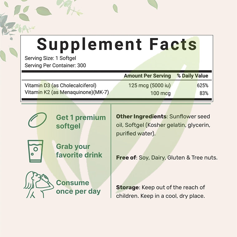 Vitamina D3 (5000 IU) + K2 (100 mcg) | 300 cápsulas blandas