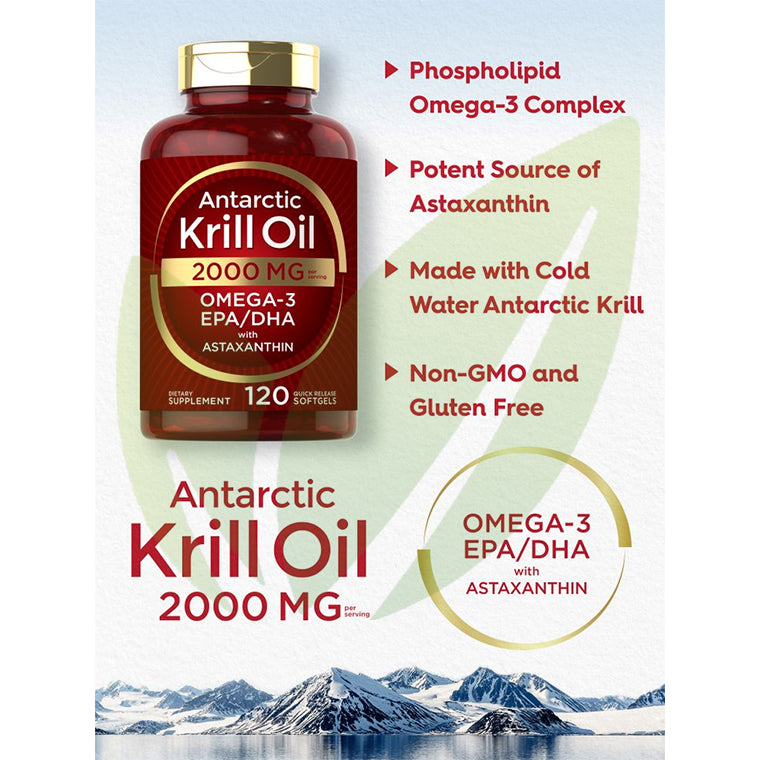 Aceite de Krill Antártico con Astaxantina (Omega-3, EPA/DHA) 2000 mg p/s | 120 cápsulas blandas | Expira 02/24