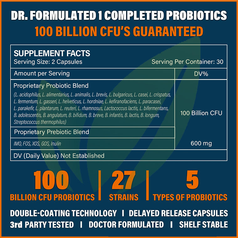 Probiótico (100 mil millones UFC 27 Cepas) & Prebiótico (5) | 60 cápsulas recubiertas.