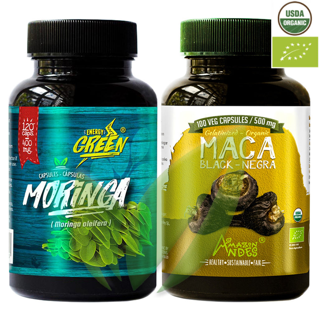 Pack Fuerza Corporal: Moringa (400 mg x 120 caps) + Maca Negra Orgánica (500 mg x 100 caps)