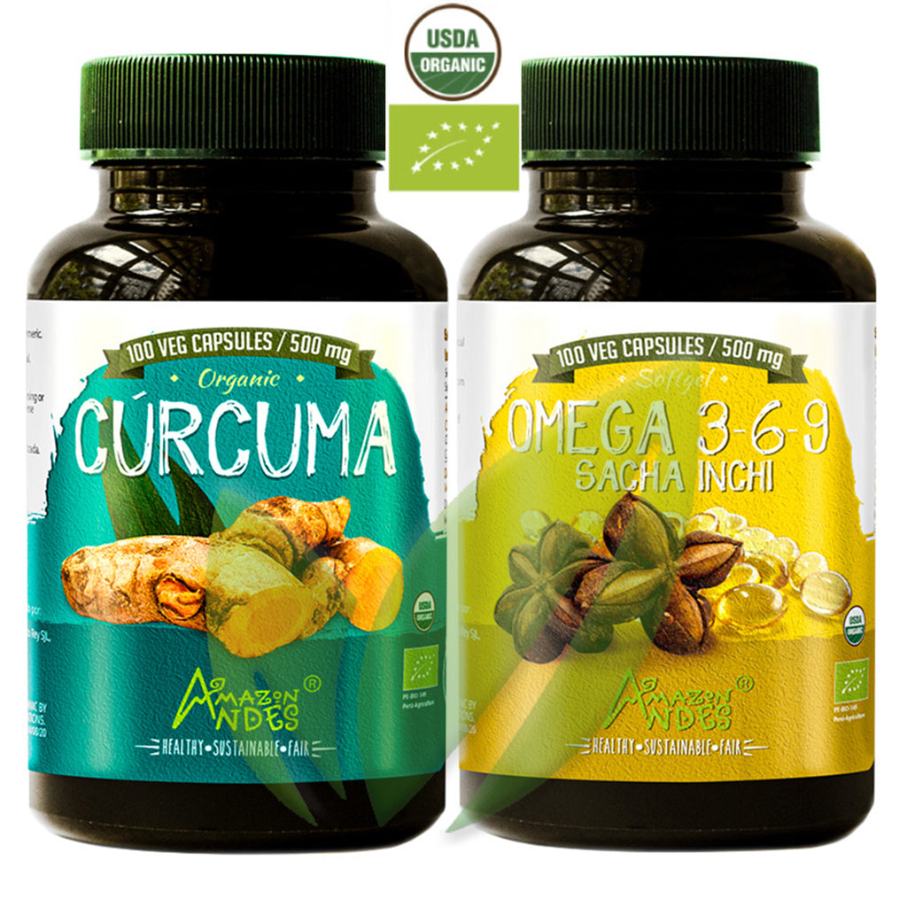 Pack Súper Cerebro: Omega 3-6-9 Sacha Inchi Orgánico (500 mg x 100 caps) + Cúrcuma Orgánica (500 mg x 100 caps)