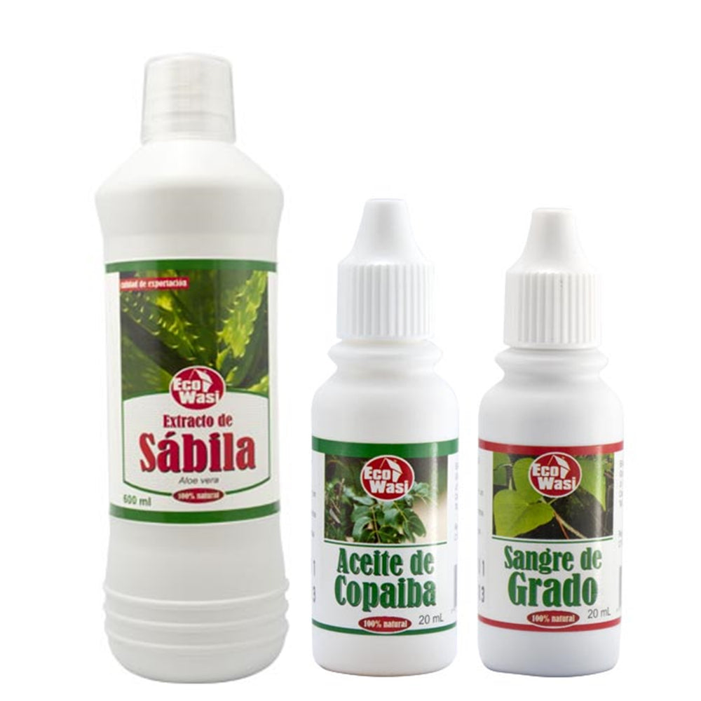 Pack combate la gastritis - 1 Extracto de Sábila (600 ml) + 1 Aceite de Copaiba (20 ml) + 1 Sangre de Grado (20 ml)