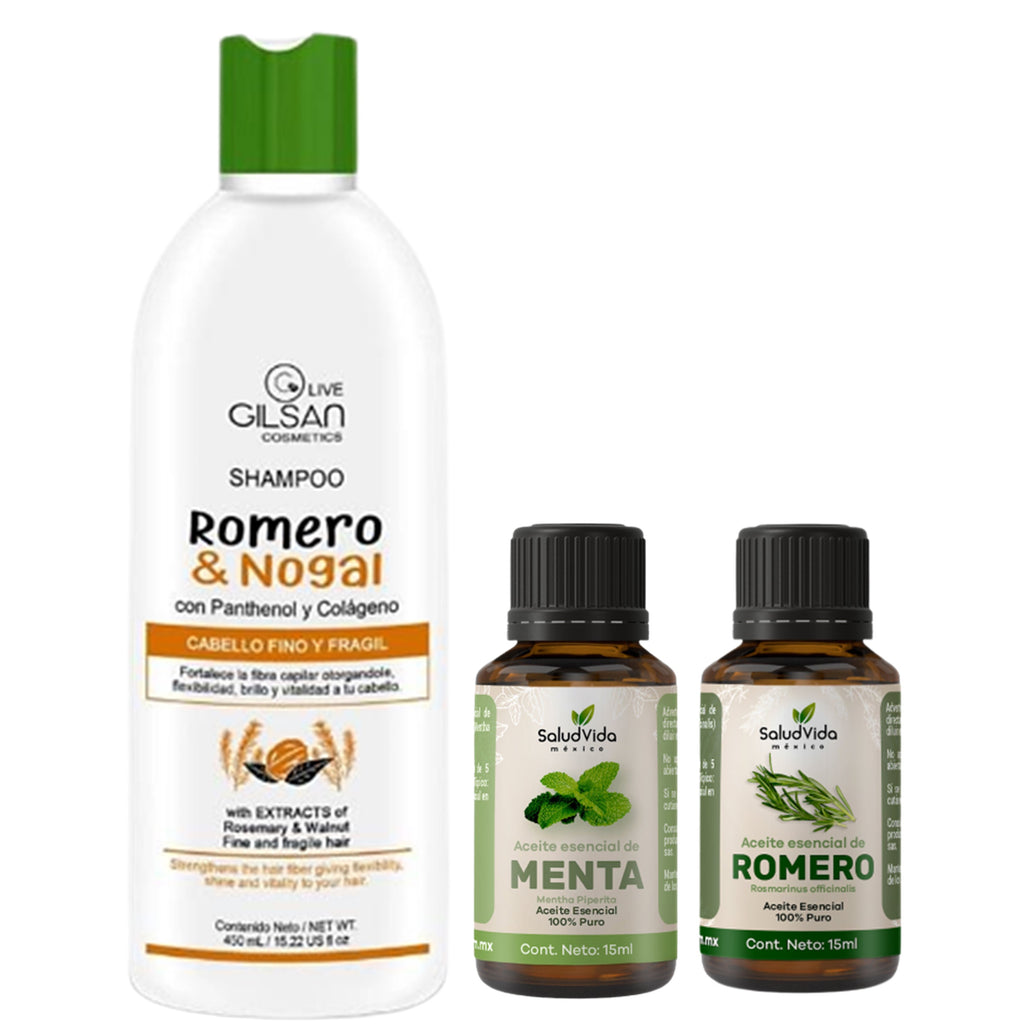 Pack Crecimiento cabello Shampoo romero y nogal 450ml + Aceite esencial de menta 15ml+ Aceite esencial de Romero 15ml