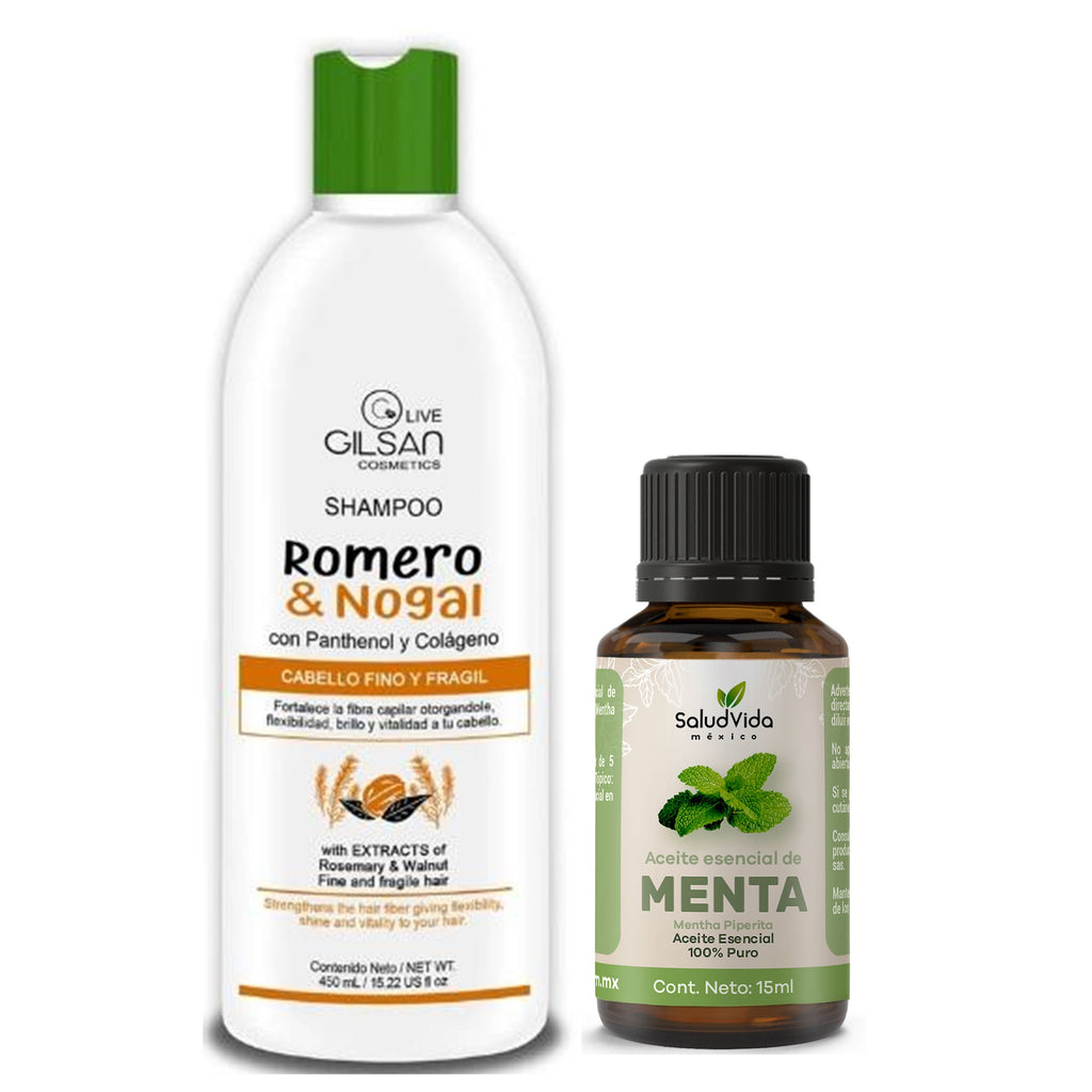 Pack Crecimiento cabello Shampoo de romero  450ml + Aceite esencial de menta 15ml